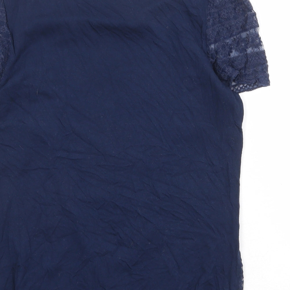 Oasis Womens Blue Geometric Cotton Basic T-Shirt Size M Round Neck