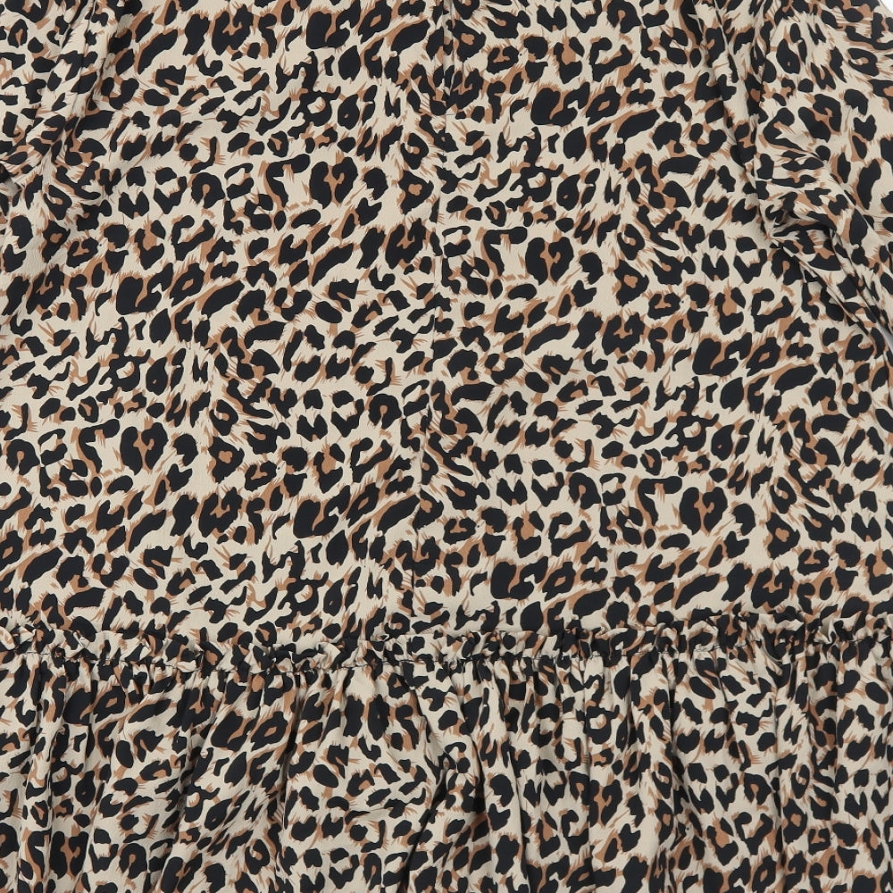 ASOS Womens Brown Animal Print Polyester Skater Dress Size 8 Round Neck Button - Leopard Pattern