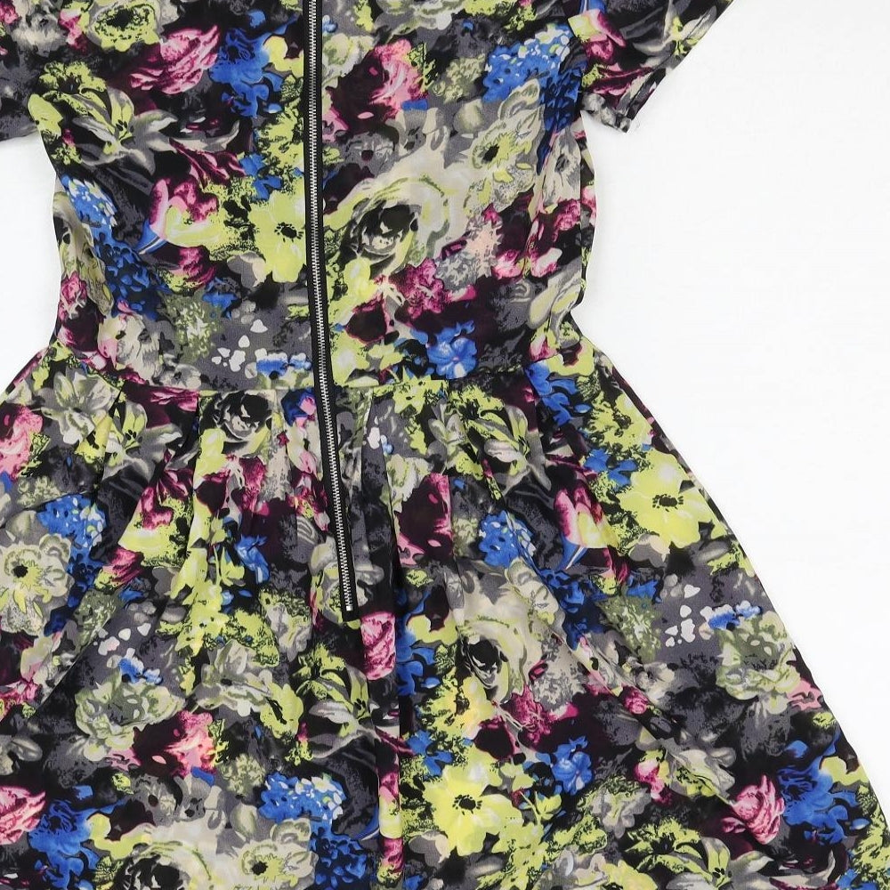 Influence Womens Multicoloured Floral Polyester Skater Dress Size 10 Round Neck Zip