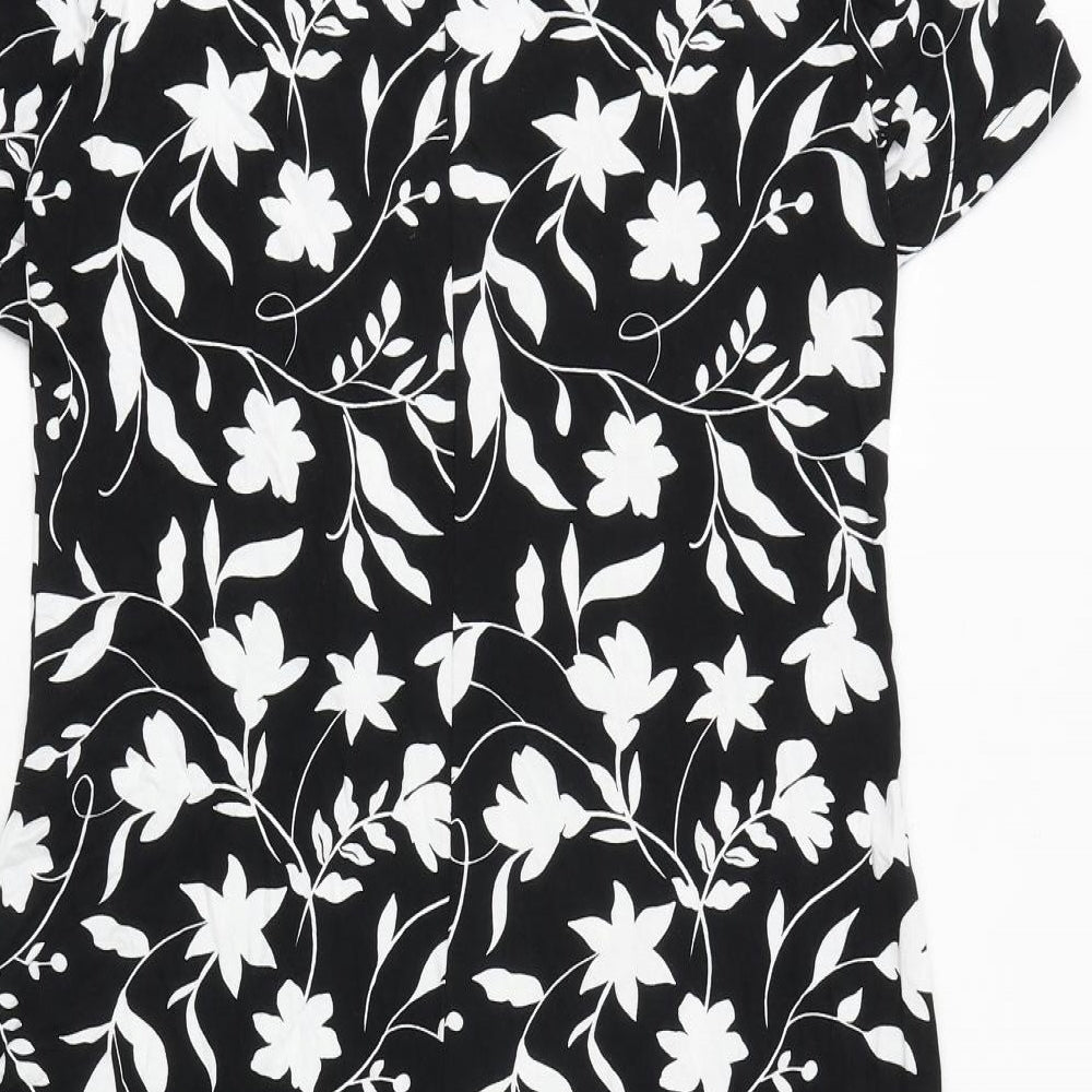 Marks & Spencer Womens Black Floral Viscose A-Line Size 8 Boat Neck Button