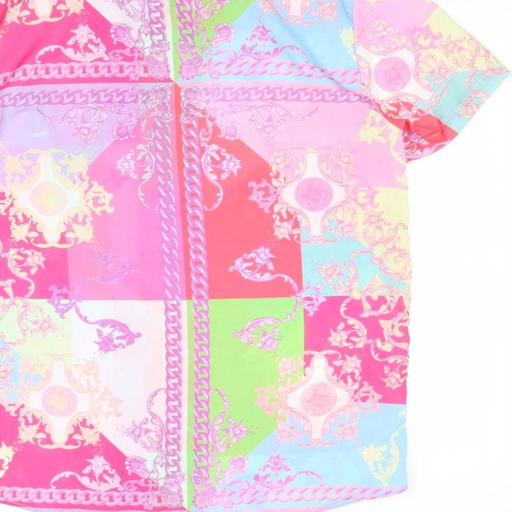 Boohoo Mens Multicoloured Geometric Polyester Button-Up Size S Collared Button
