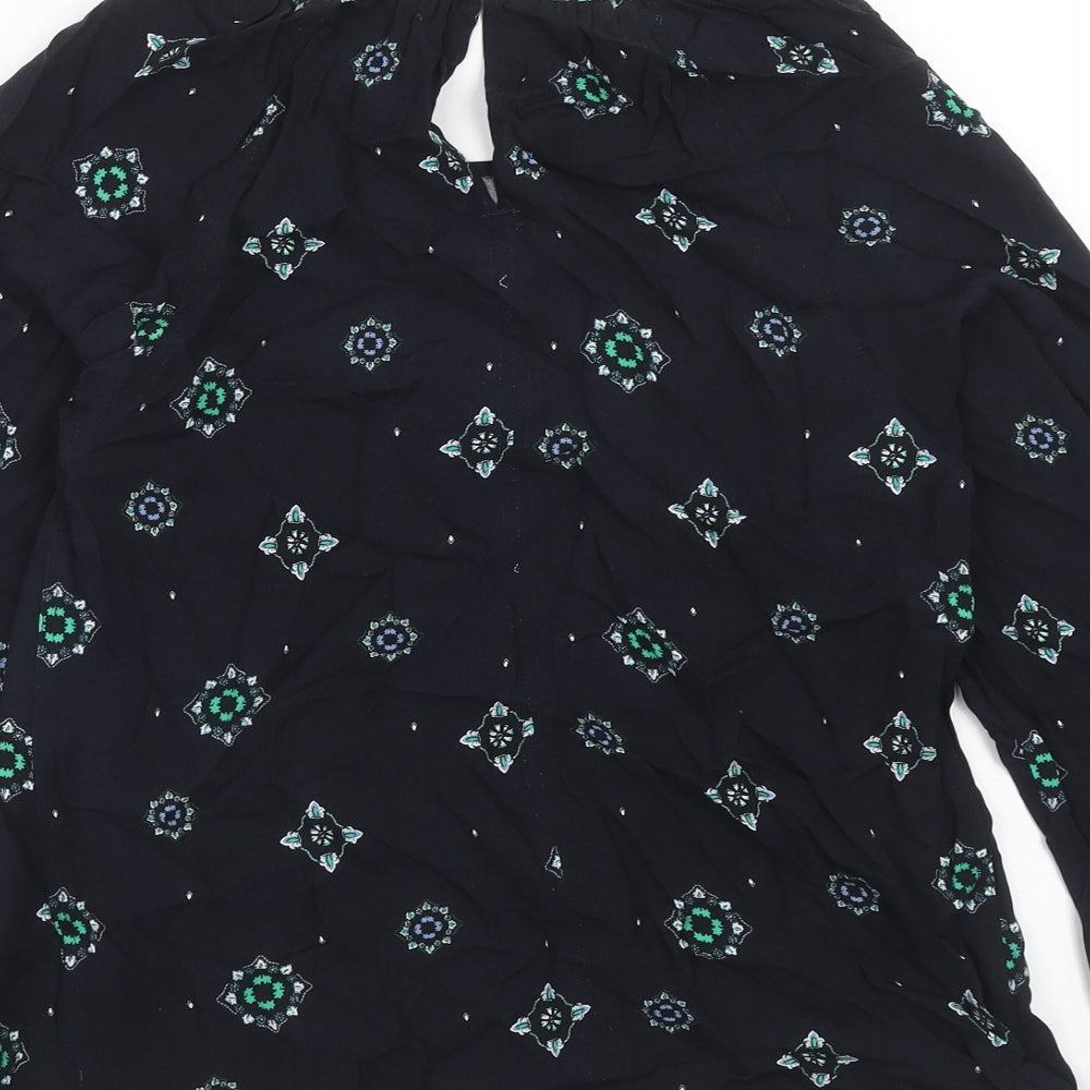 Marks & Spencer Womens Blue Geometric Viscose Basic Blouse Size 6 Round Neck