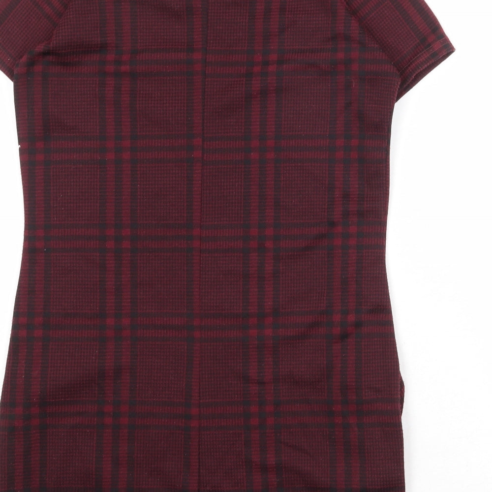 New Look Womens Red Plaid Polyester Shift Size 10 Round Neck Pullover