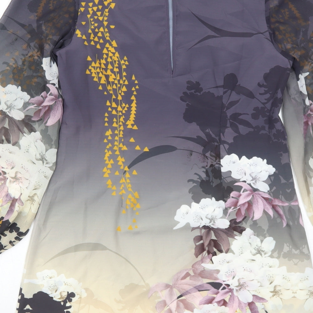 Miss Selfridge Womens Grey Floral Polyester Shift Size 10 Boat Neck Button