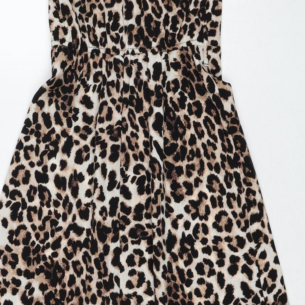 New Look Womens Brown Animal Print Polyester Trapeze & Swing Size 10 V-Neck Pullover - Leopard Pattern