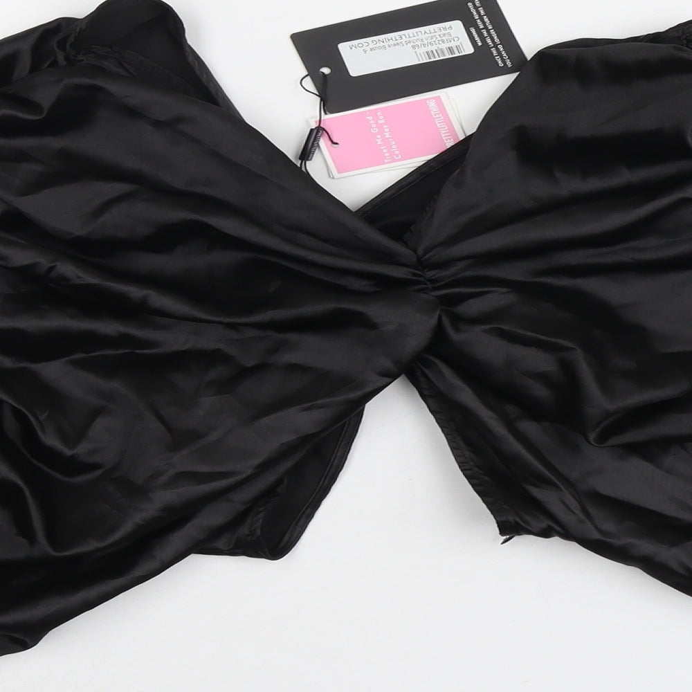 PRETTYLITTLETHING Womens Black Polyester Cropped Blouse Size 6 V-Neck