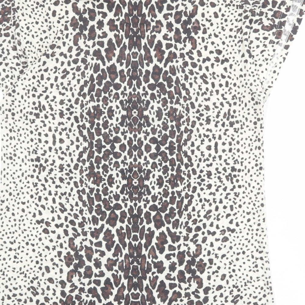 Zara Womens Beige Animal Print Polyester Basic T-Shirt Size M Round Neck - Leopard Pattern