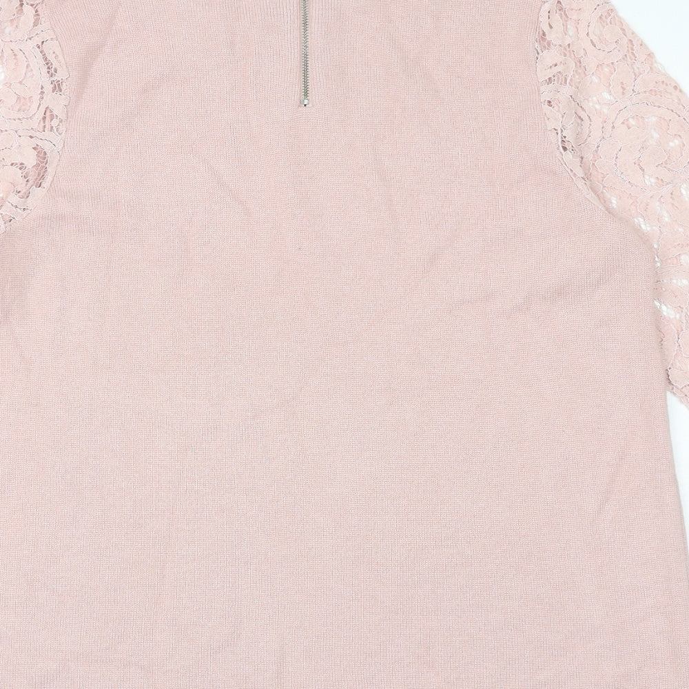 Marks & Spencer Womens Pink Round Neck Viscose Pullover Jumper Size 14 - Lace Sleeve