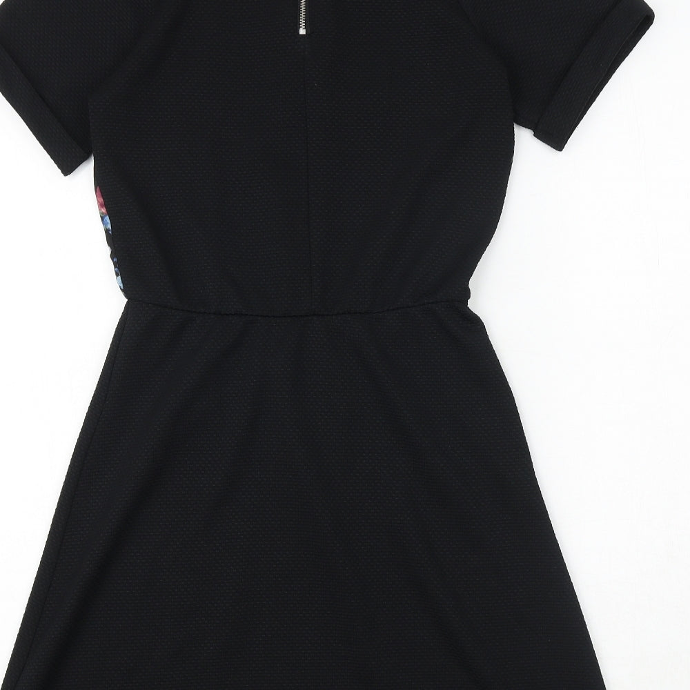 Warehouse Womens Black Floral Polyester Fit & Flare Size 6 Boat Neck Zip