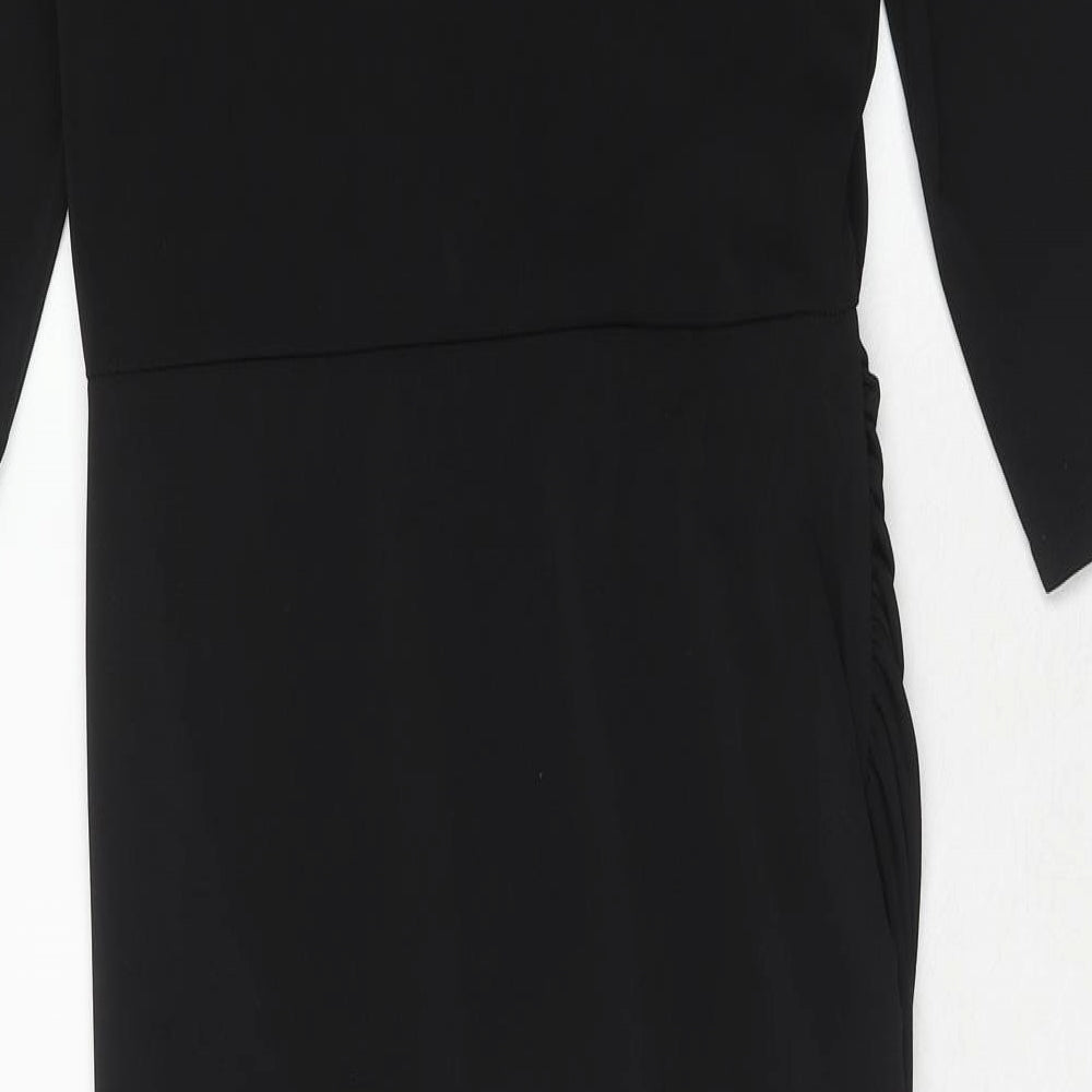 Brand and care label for Missguided women’s black polyester sheath, size UK 10, v-neck pullover