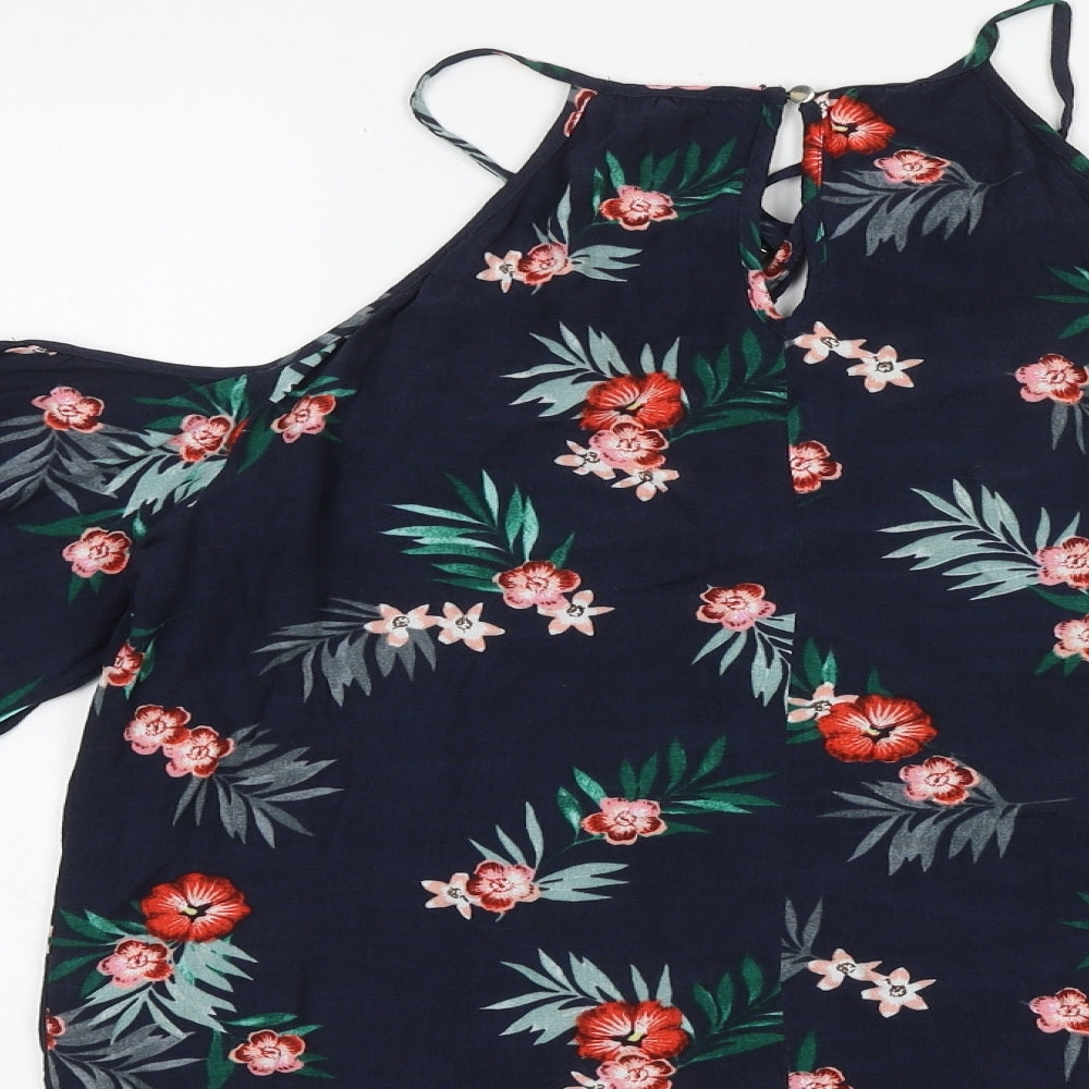 Marks & Spencer Womens Blue Floral Viscose Basic Blouse Size 8 Round Neck - Cold Shoulder