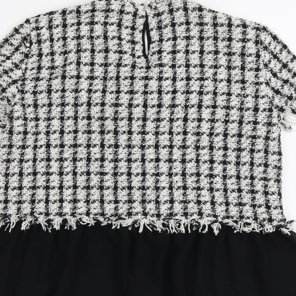 Zara Womens Black Check Polyester Basic T-Shirt Size L Round Neck