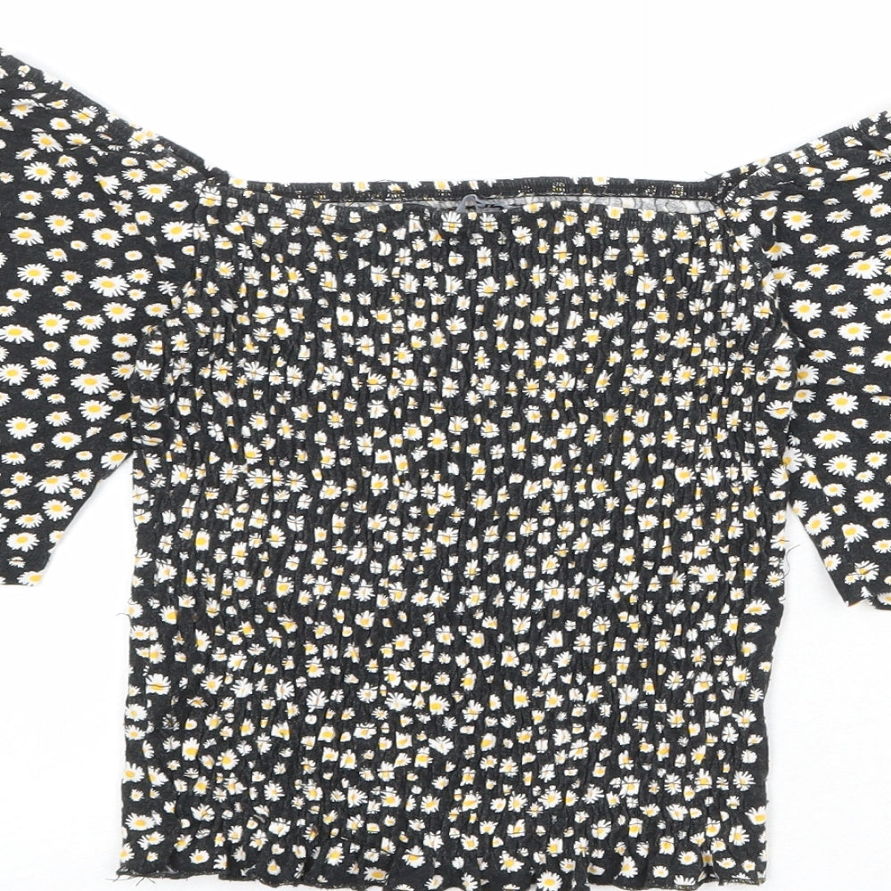 Only Womens Black Floral Viscose Cropped Blouse Size XS Boat Neck