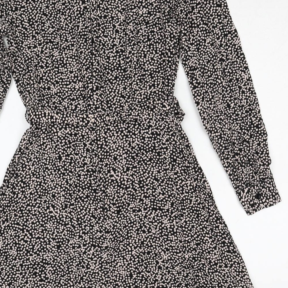 Warehouse Womens Black Geometric Viscose Fit & Flare Size 8 Round Neck Zip