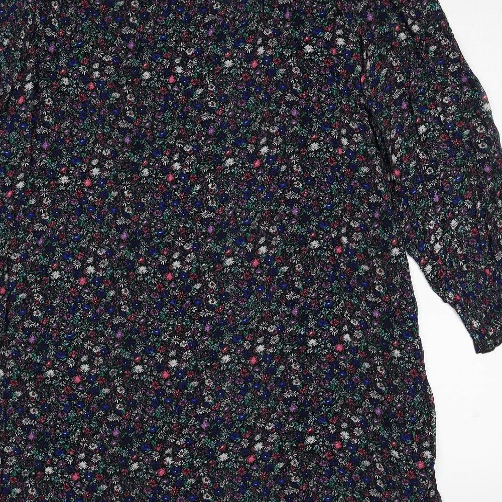 Marks & Spencer Womens Black Floral Viscose A-Line Size 8 Mock Neck Button