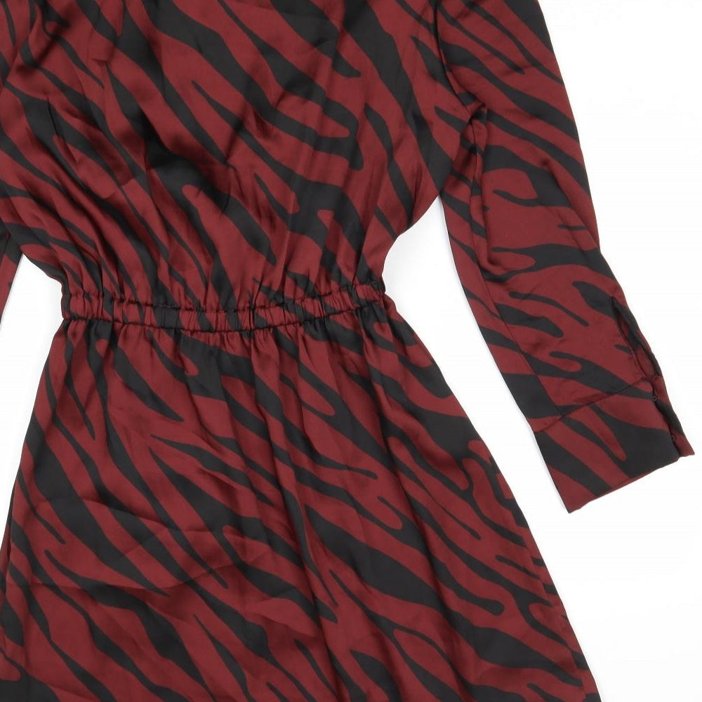 Zara Womens Red Animal Print Polyester Mini Size S V-Neck Button - Elastic Waist