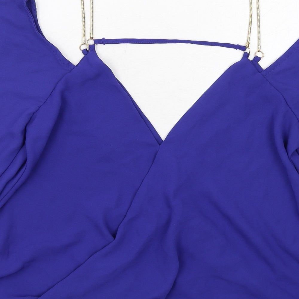 New Look Womens Blue Polyester Basic Blouse Size 8 V-Neck - Cold Shoulder, Chain Strap