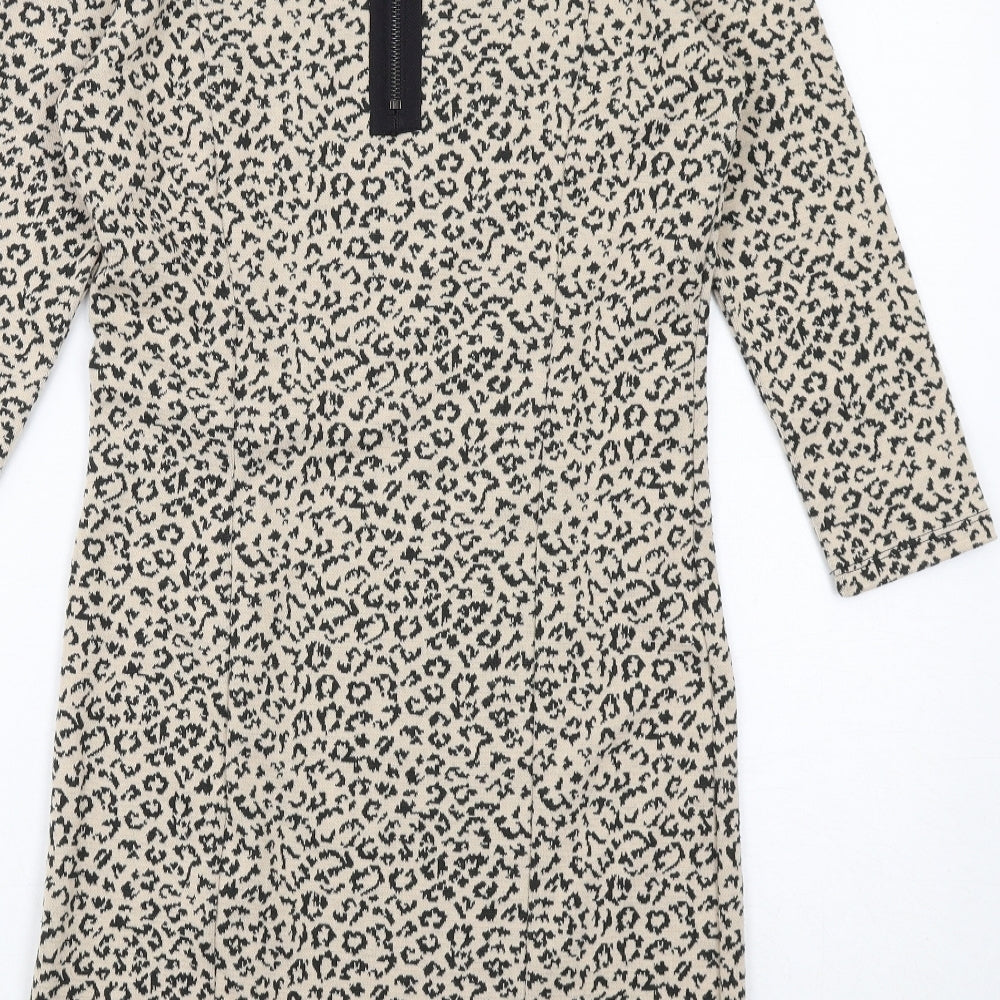 Soaked in Luxury Womens Beige Animal Print Polyester Sheath Size S Boat Neck Zip - Leopard Print