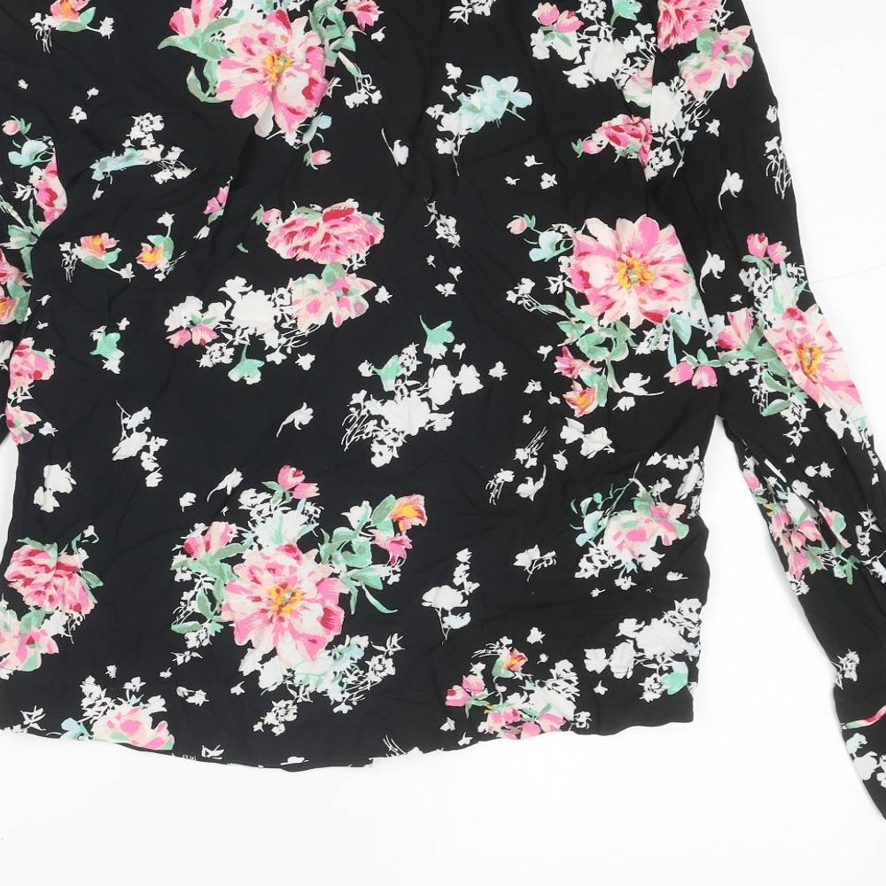 Marks & Spencer Womens Black Floral Viscose Basic Button-Up Size 6 Collared
