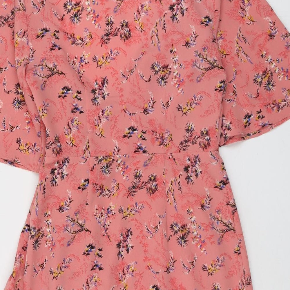 Topshop Womens Pink Floral Polyester Skater Dress Size 10 V-Neck Button