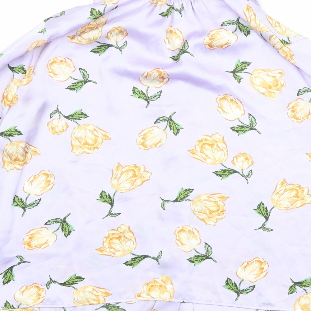 Zara Womens Purple Floral Polyester Basic Button-Up Size S Collared