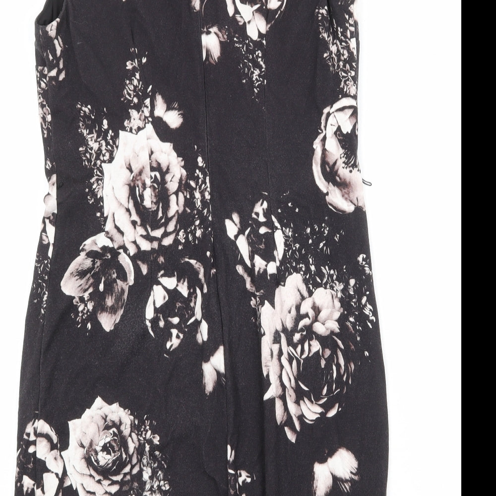 Precis Womens Black Floral Viscose Shift Size 14 V-Neck Zip