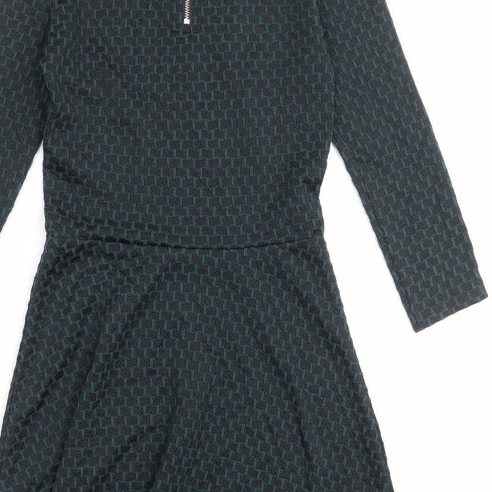 H&M Womens Green Geometric Cotton Skater Dress Size S Mock Neck Zip
