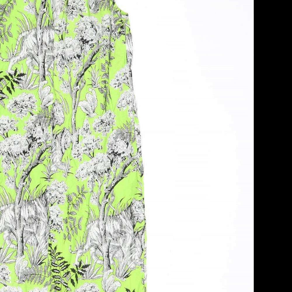 Warehouse Womens Green Geometric Viscose A-Line Size 8 Round Neck Tie - Wild Cat Print