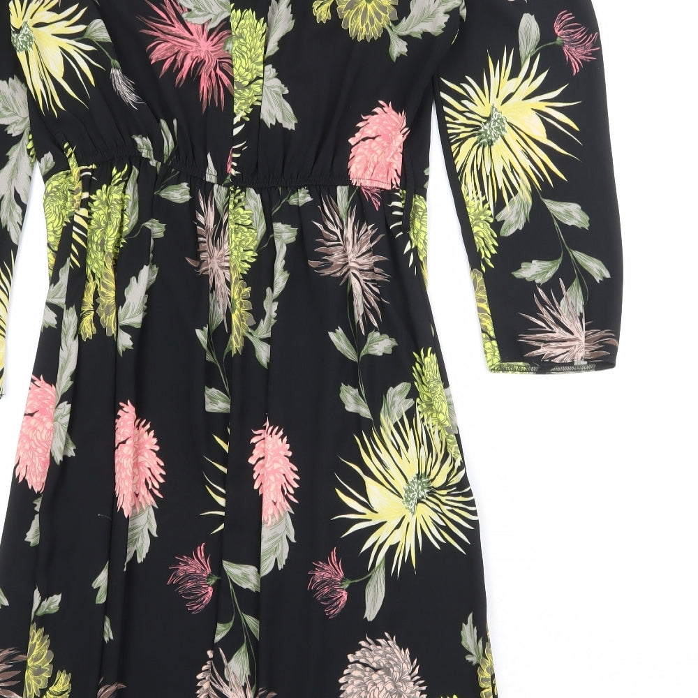 Very Womens Black Floral Polyester Sheath Size 16 V-Neck Button - Cold Shoulder