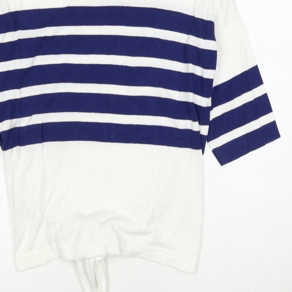 Marks & Spencer Womens White Round Neck Striped Cotton Pullover Jumper Size S - Knot Front