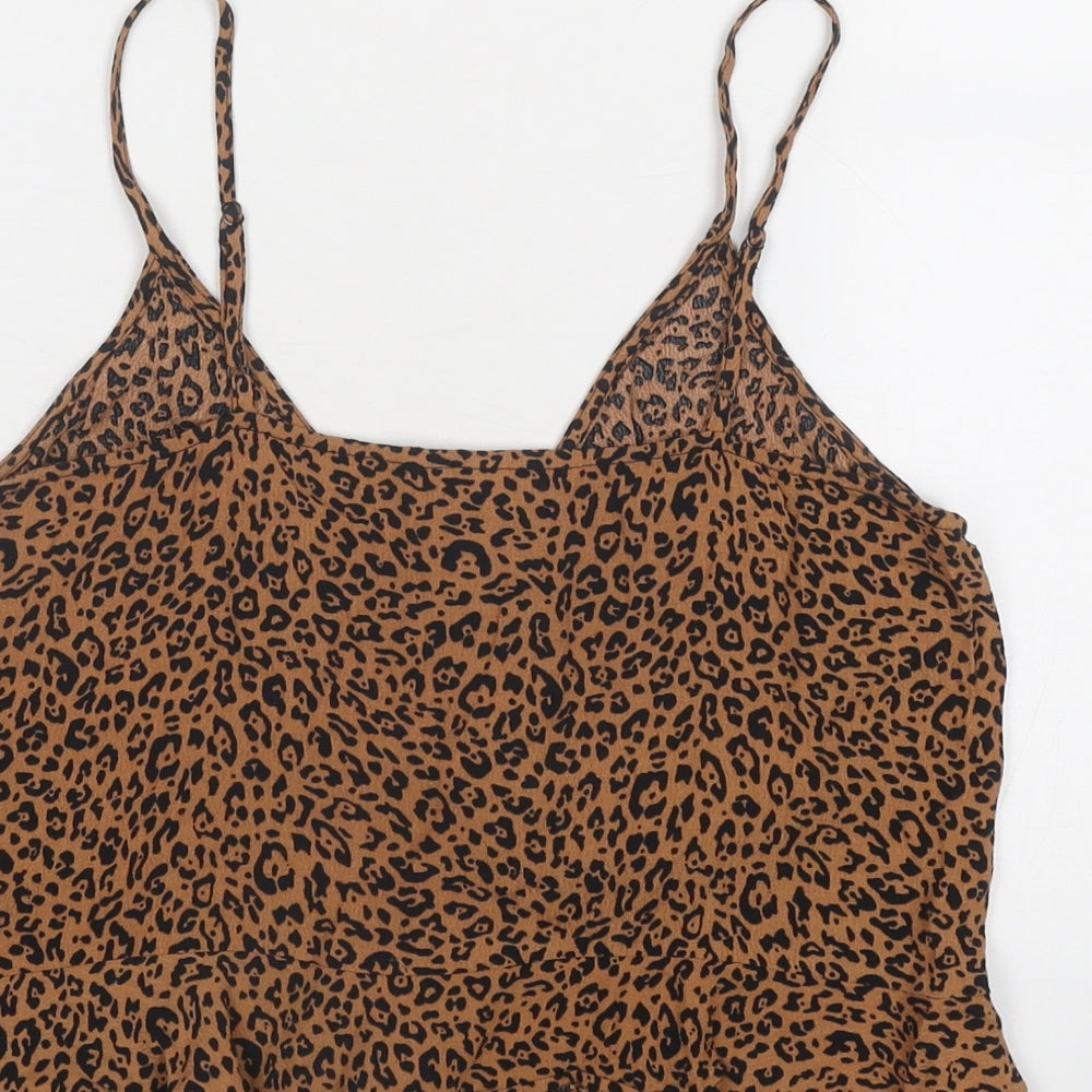 H&M Womens Brown Animal Print Polyester Basic Tank Size 10 Round Neck - Leopard Print