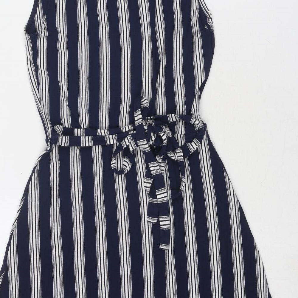Warehouse Womens Blue Striped Viscose Trapeze & Swing Size 8 V-Neck Pullover