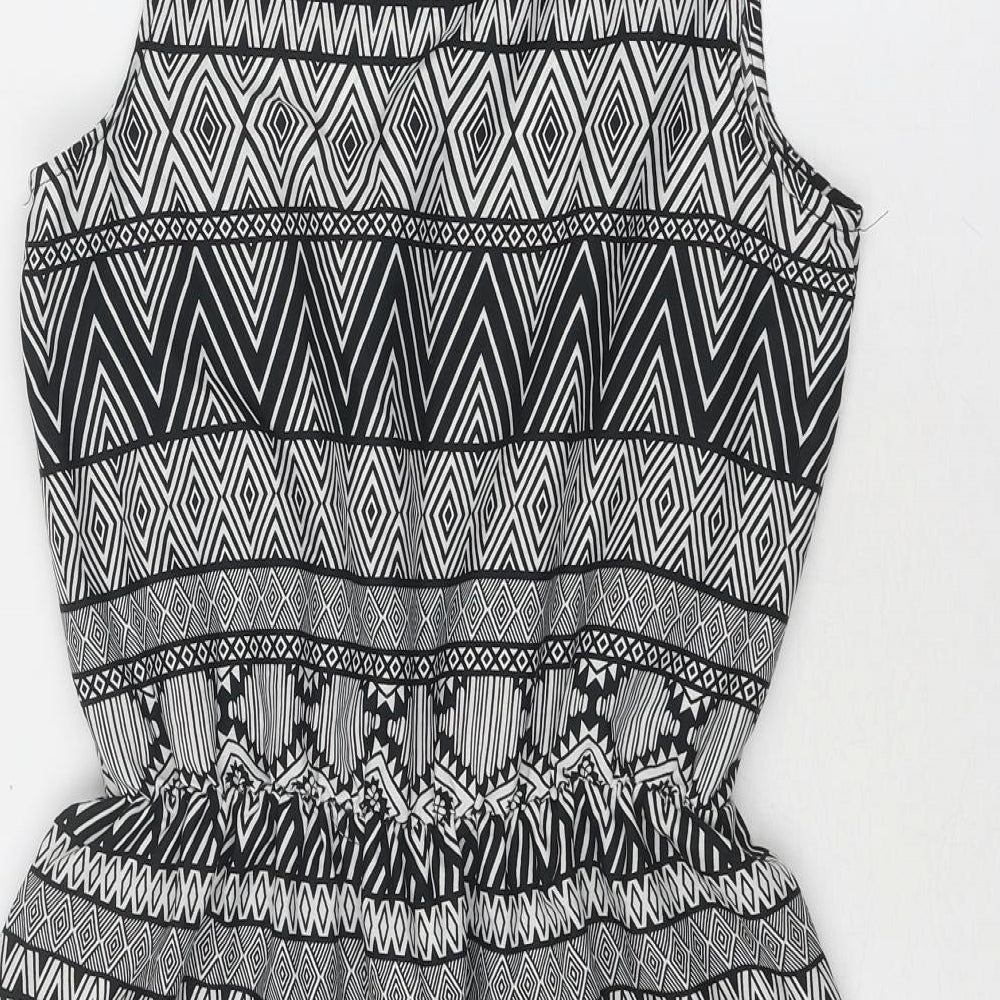 Select Womens Black Geometric Polyester Skater Dress Size 8 Round Neck Button