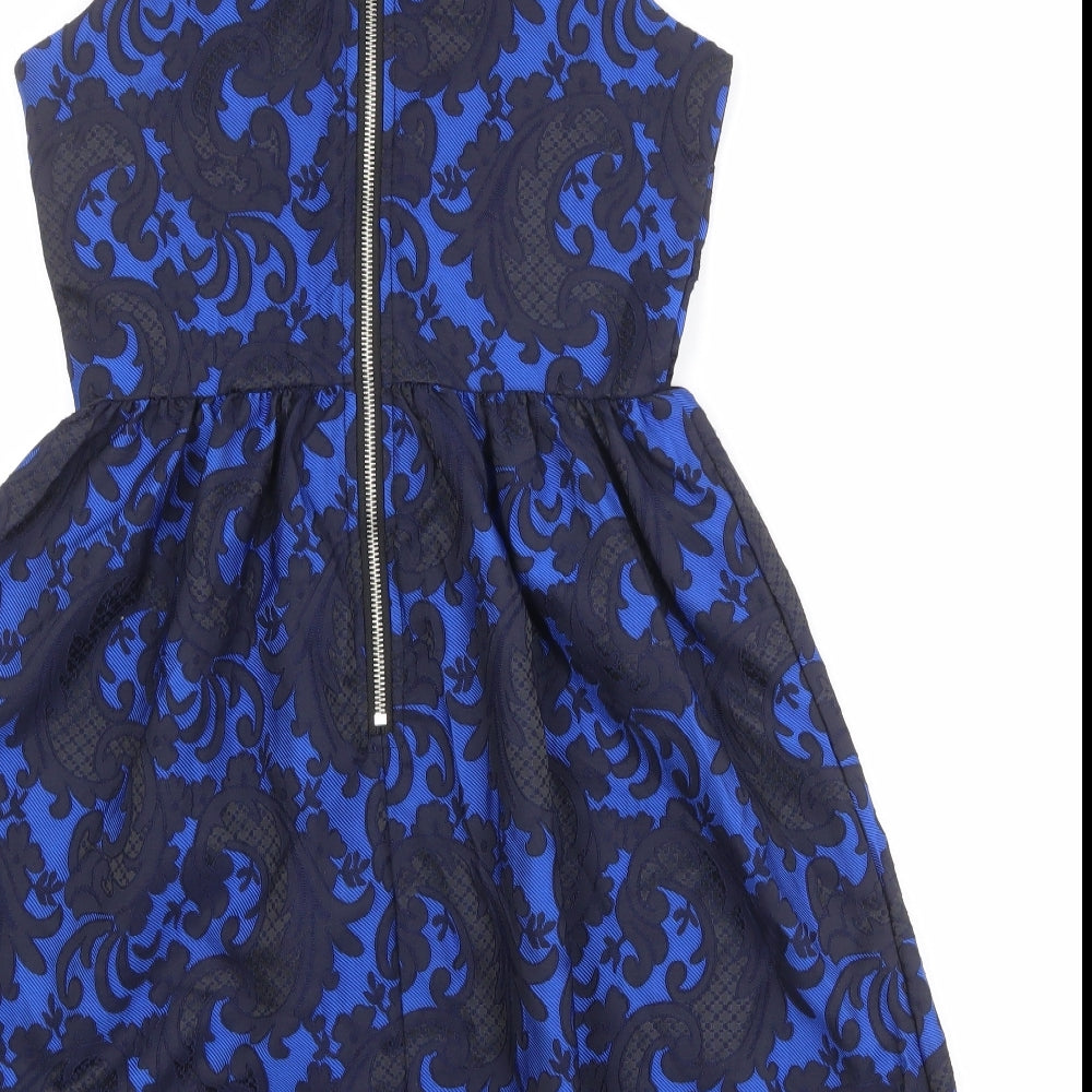 Glamorous Womens Blue Geometric Polyester Fit & Flare Size XS Round Neck Zip