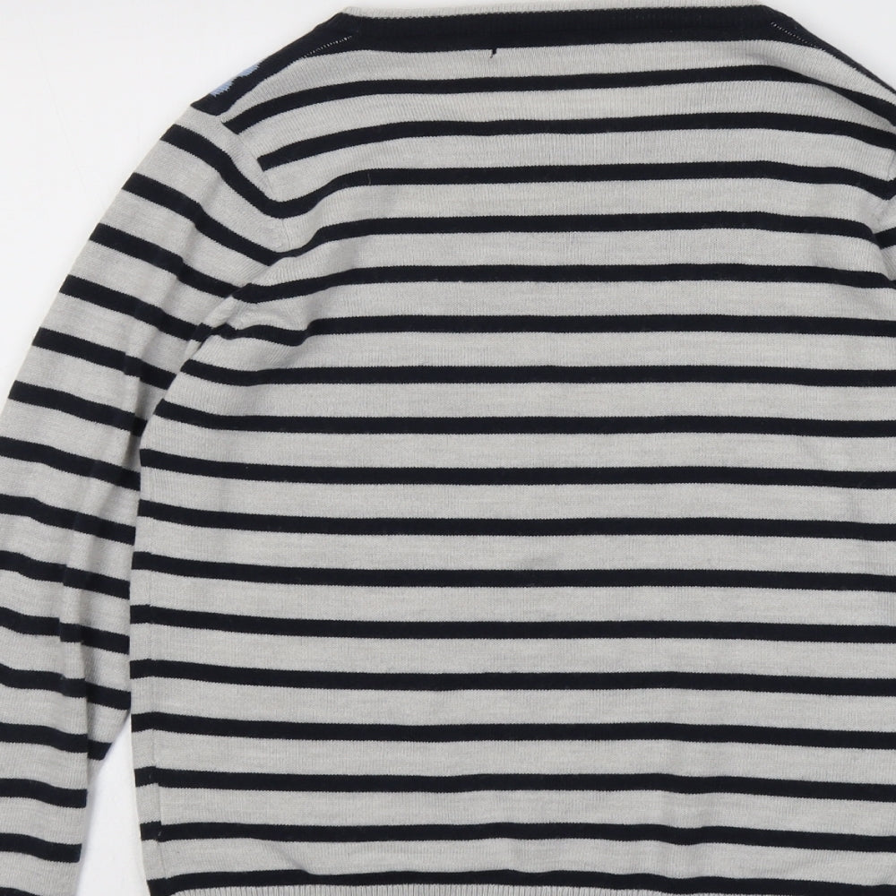 EWM Womens Grey Round Neck Striped Acrylic Pullover Jumper Size 10