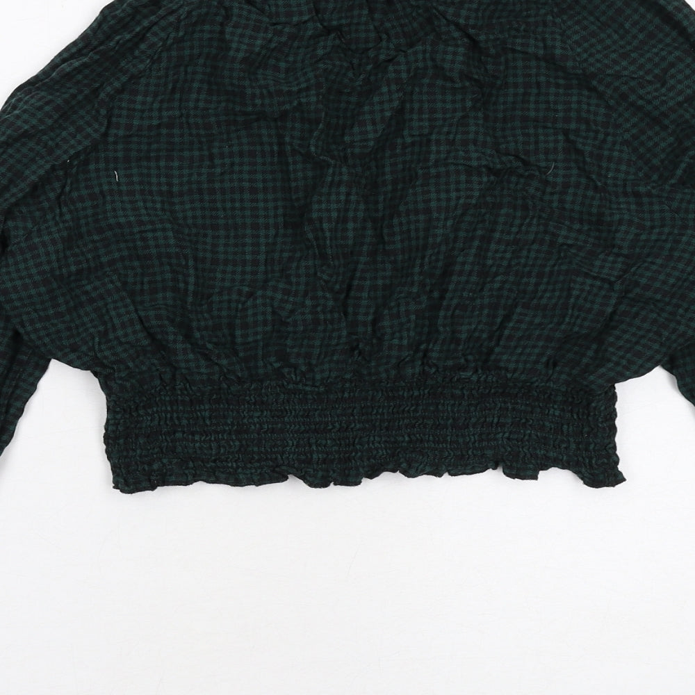 Monki Womens Green Geometric Cotton Basic Blouse Size S Mock Neck