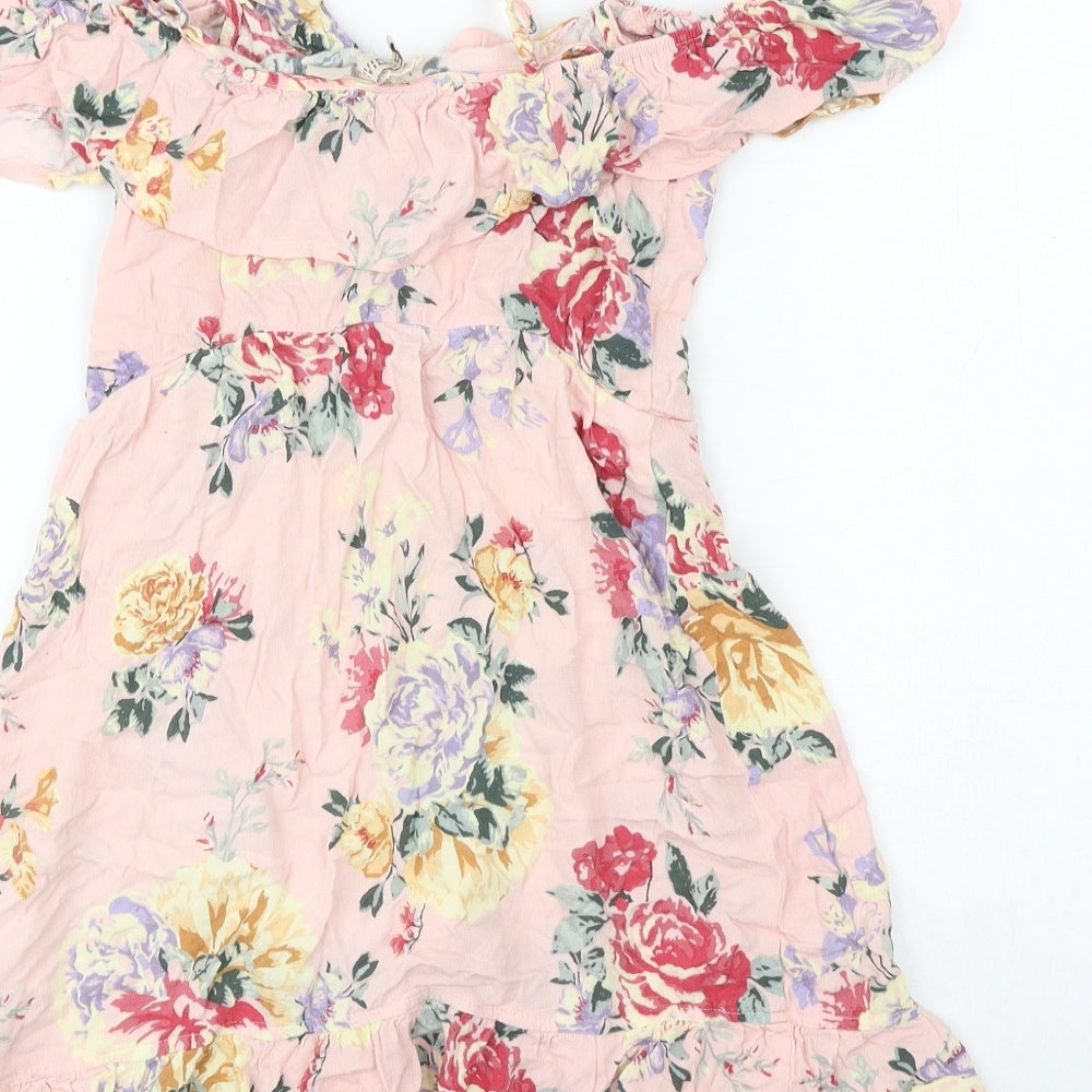 H&M Womens Pink Floral Polyester Skater Dress Size 8 Off the Shoulder Pullover - Frill Straps