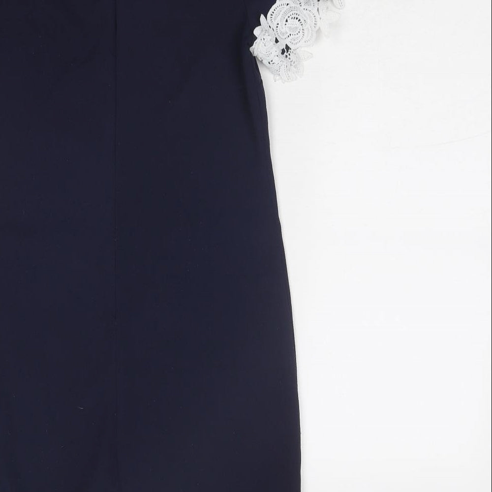 Rare London Womens Blue Polyester Shift Size 6 Round Neck Zip - Crocheted Lace Detail