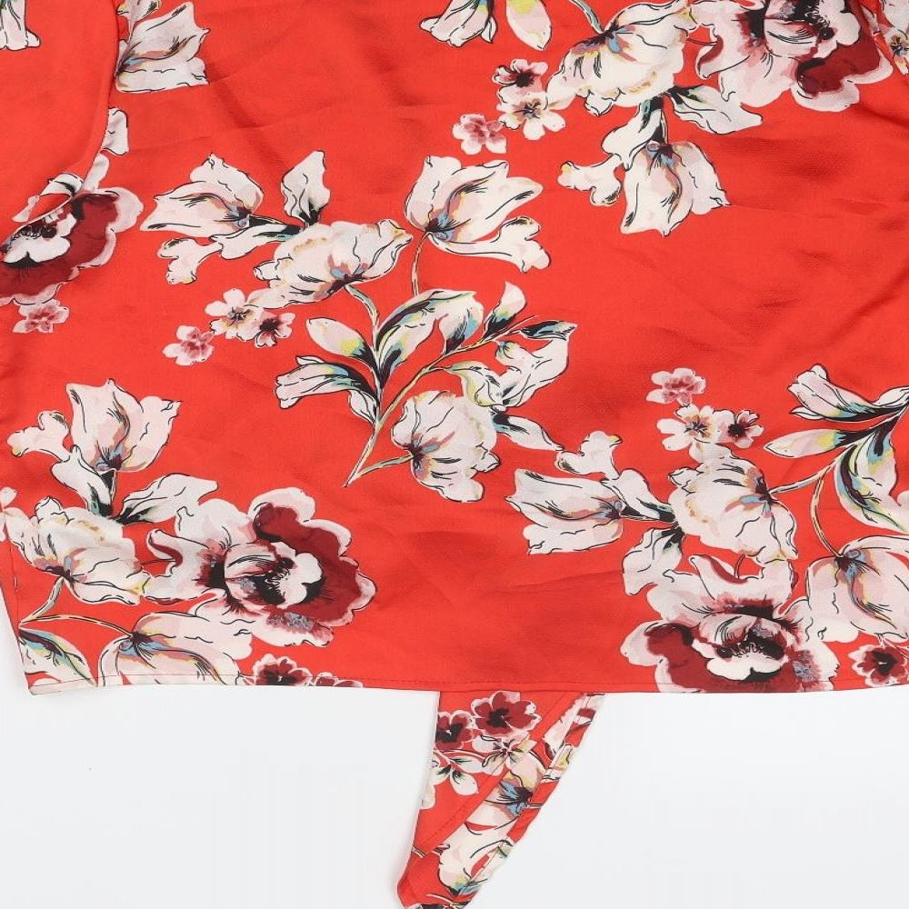 Missguided Womens Red Floral Polyester Basic Blouse Size 10 V-Neck - Tie Front