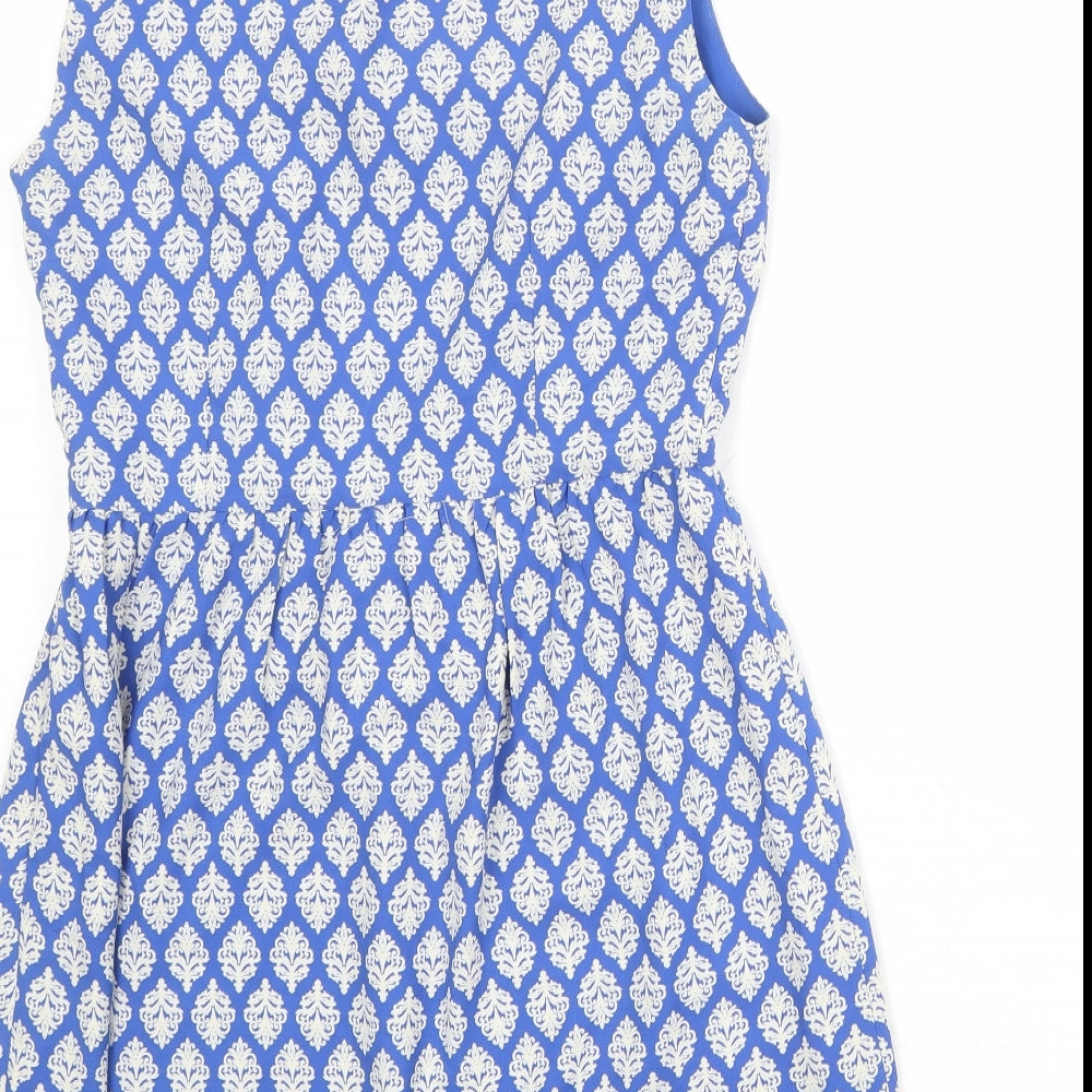 Esley Womens Blue Geometric Polyester A-Line Size M Round Neck Zip