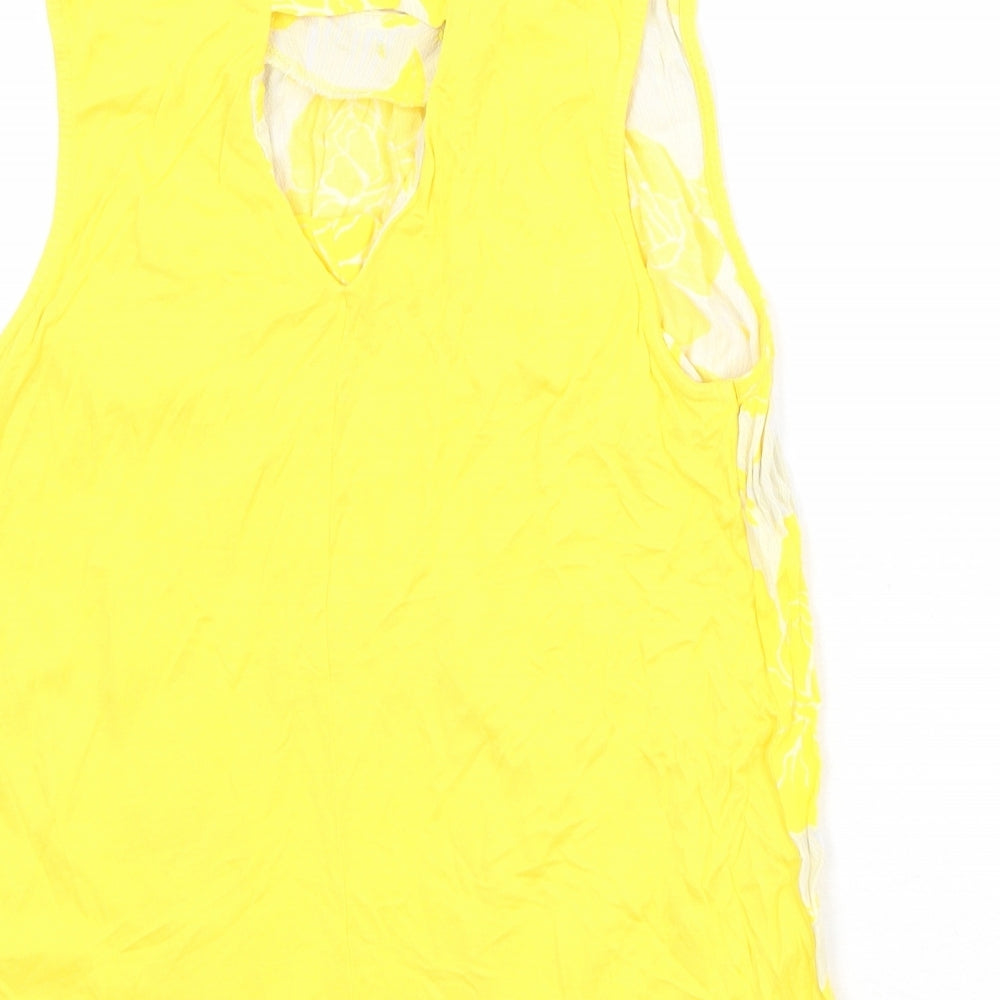 Warehouse Womens Yellow Floral Viscose Basic Tank Size 12 Round Neck