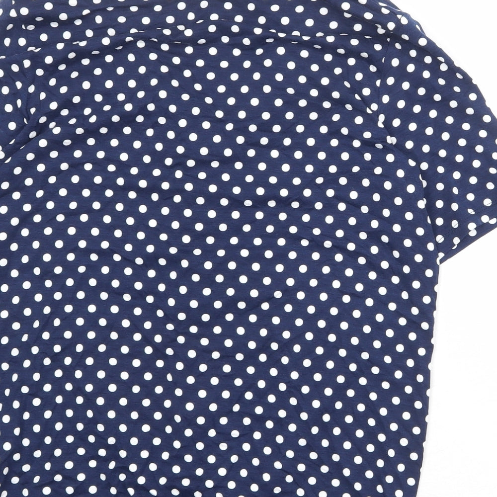 M&Co Womens Blue Polka Dot Viscose Basic Button-Up Size L V-Neck - Knot Front