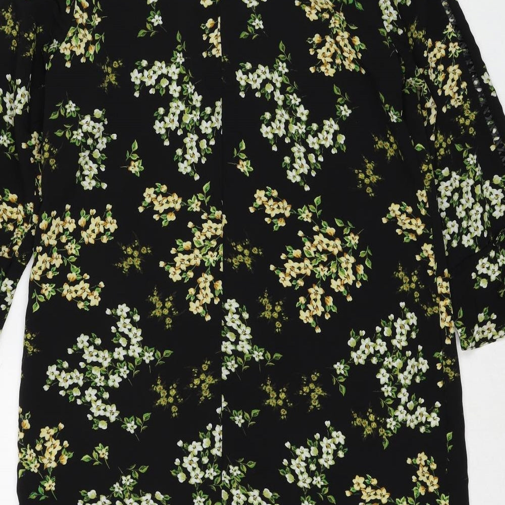 M&Co Womens Black Floral Polyester A-Line Size 12 Round Neck Button