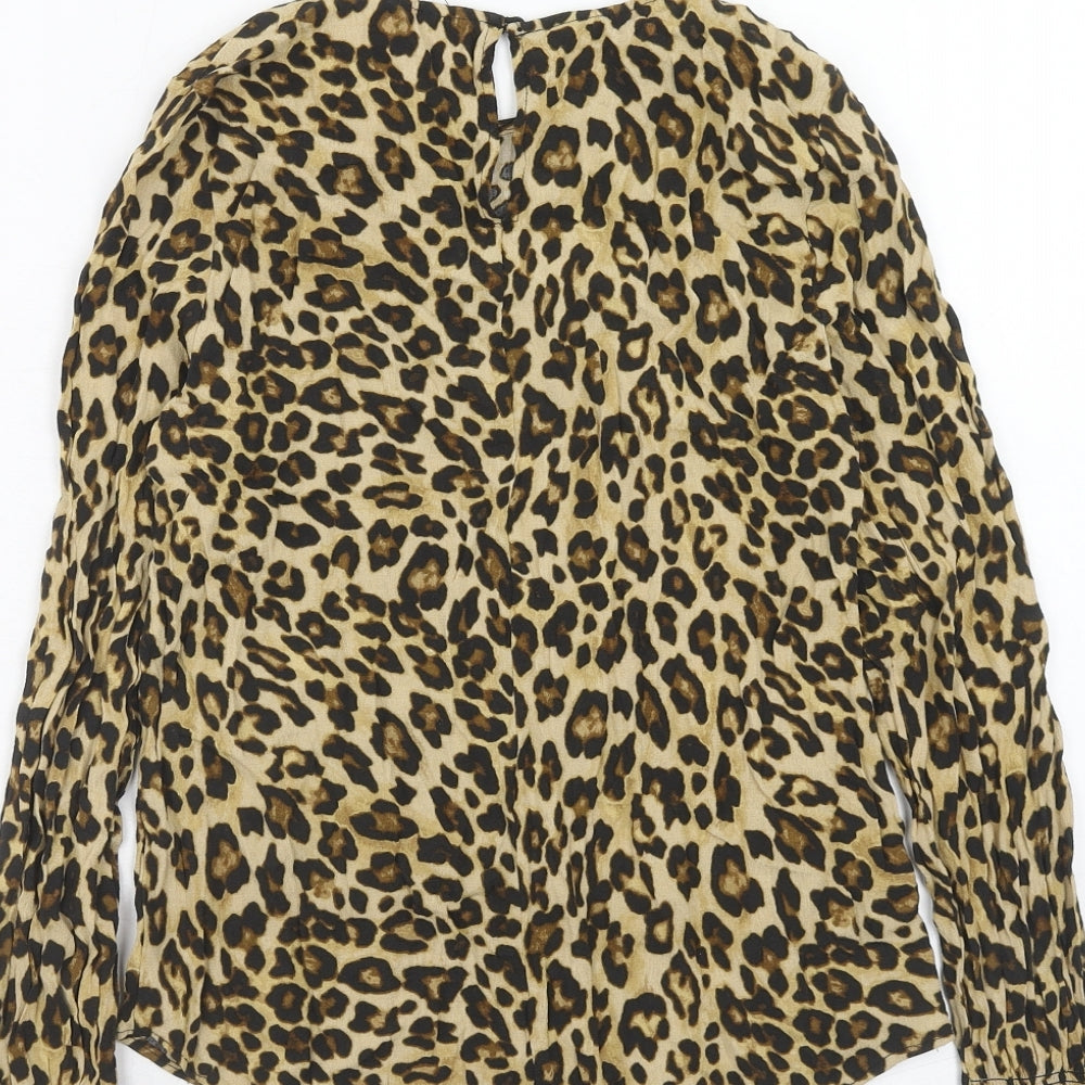 H&M Womens Brown Animal Print Viscose Basic Blouse Size 6 Round Neck - Leopard Print