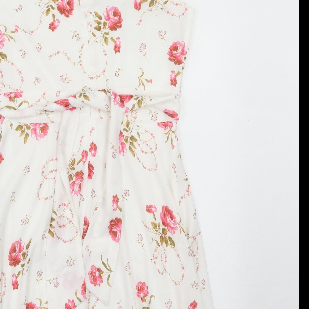 Yumi Womens White Floral Polyester A-Line Size 10 Boat Neck Zip