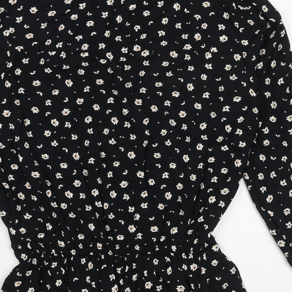 Marks & Spencer Womens Black Floral Viscose Basic Blouse Size 8 Mock Neck