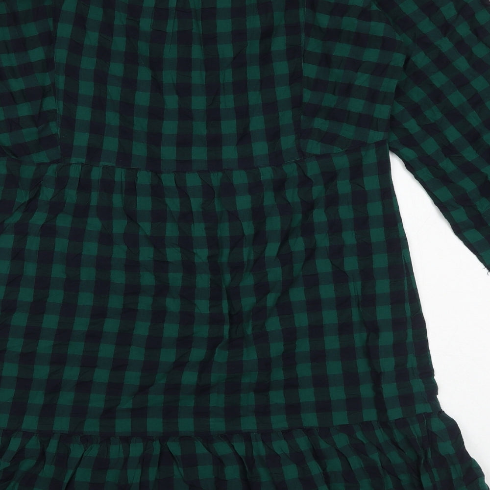 Marks & Spencer Womens Green Check 100% Cotton Skater Dress Size 8 Round Neck Button
