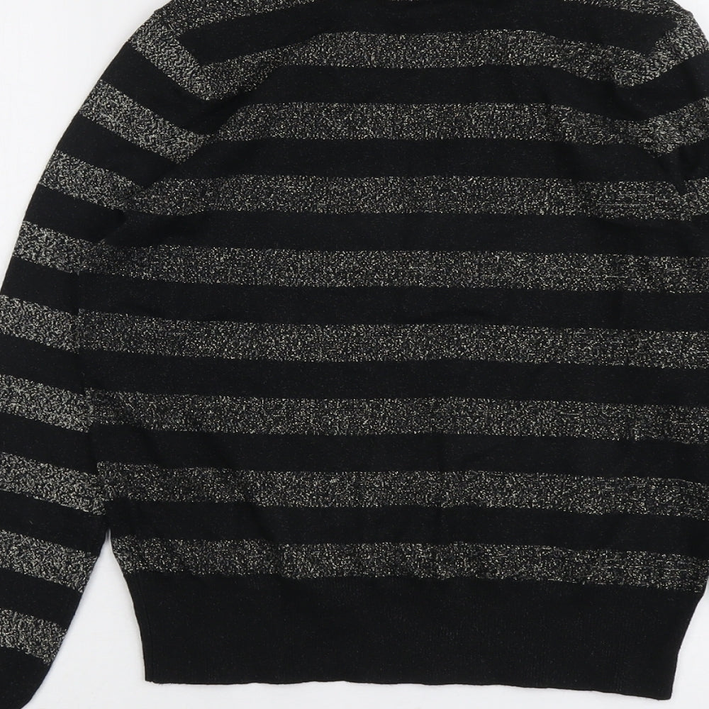 Marks & Spencer Womens Black V-Neck Striped Polyester Pullover Jumper Size S
