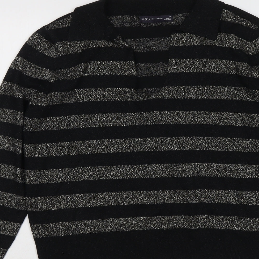 Marks & Spencer Womens Black Collared Striped Viscose Pullover Jumper Size M
