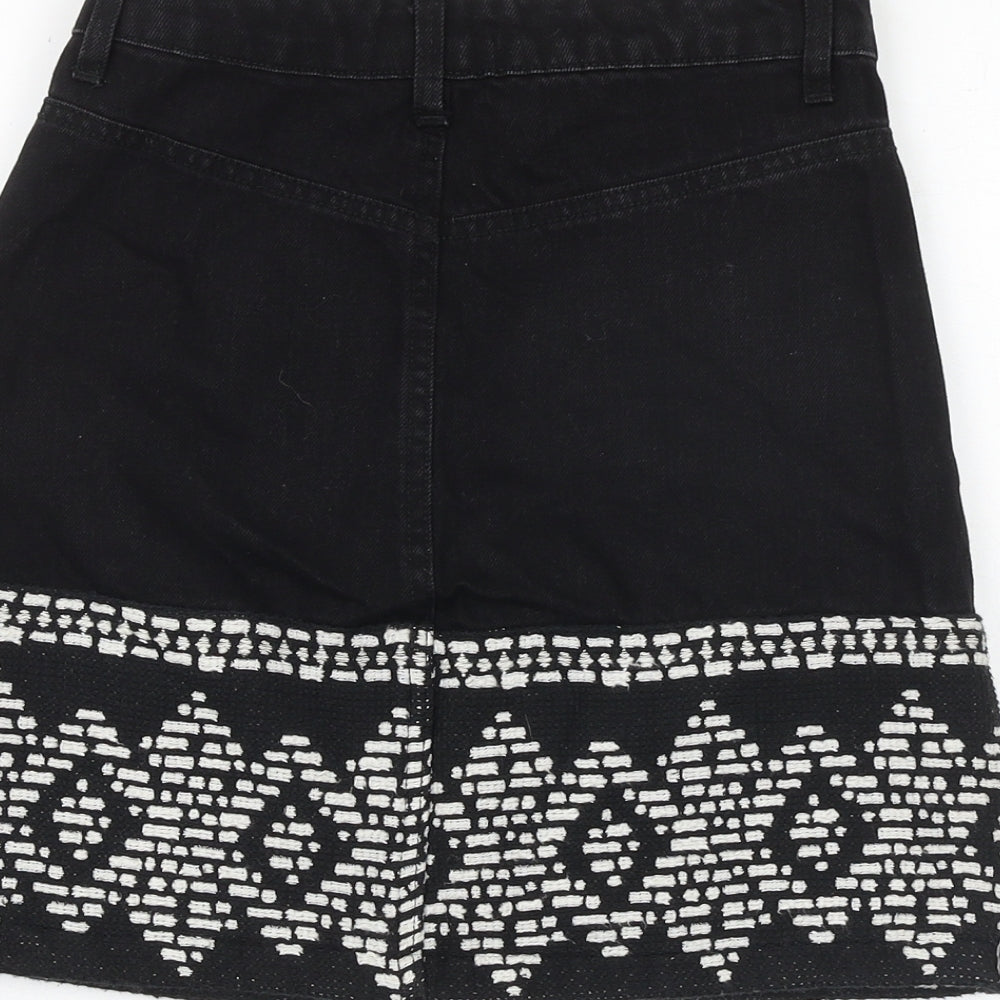 Stradivarius Womens Black Geometric Cotton A-Line Skirt Size 6 Zip